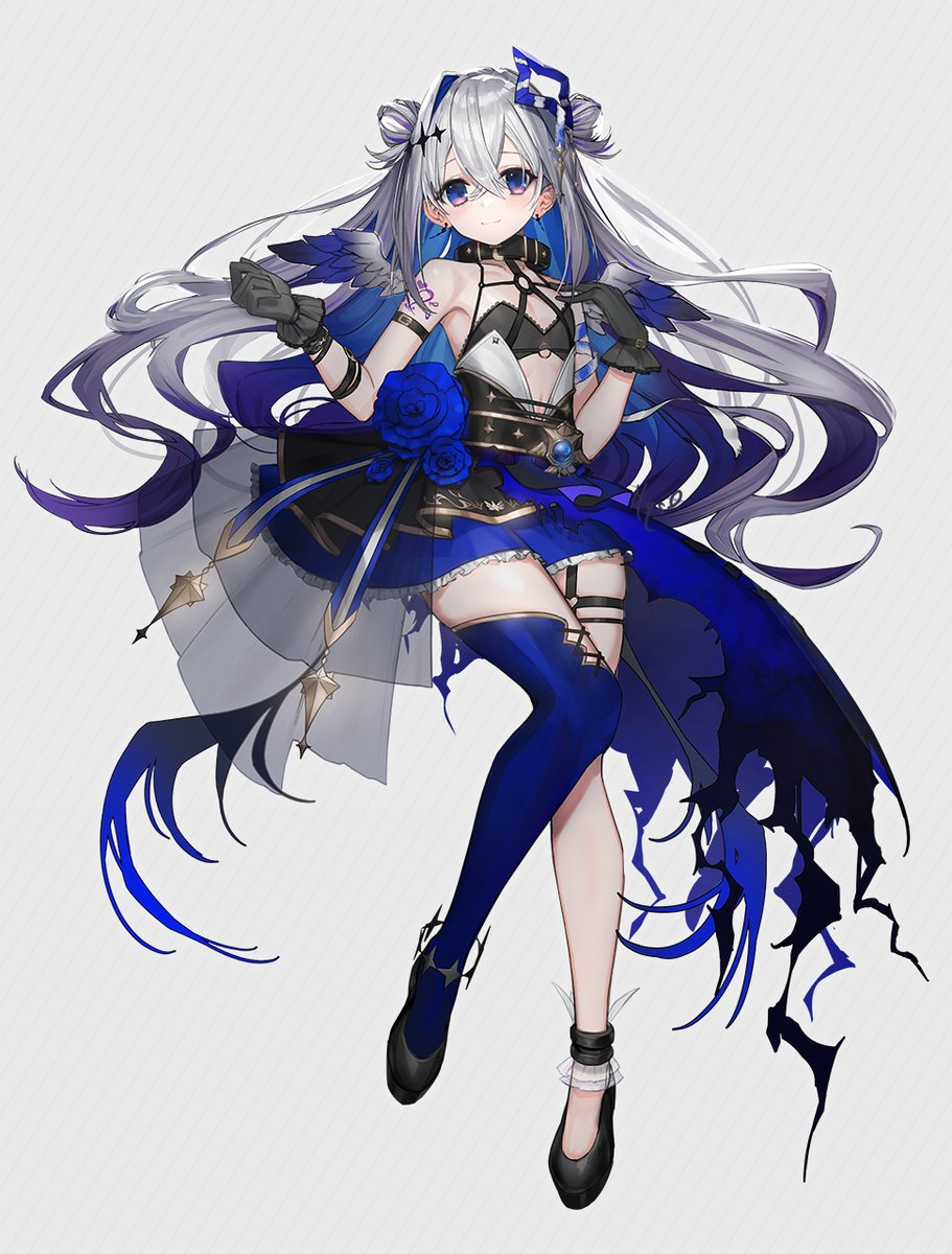 1girl amane_kanata amane_kanata_(another_world) anklet black_bra black_choker black_footwear black_gloves blue_dress blue_eyes blue_flower blue_hair blue_rose blue_thighhighs bra choker double-parted_bangs double_bun dress earrings flat_chest flower full_body garter_straps girdle gloves grey_hair hair_bun hair_ornament highres hololive jewelry long_hair looking_at_viewer mins_(minevi) multicolored_hair official_alternate_costume rose see-through sidelocks single_thighhigh thighhighs torn_clothes torn_dress two-tone_hair underwear virtual_youtuber wings