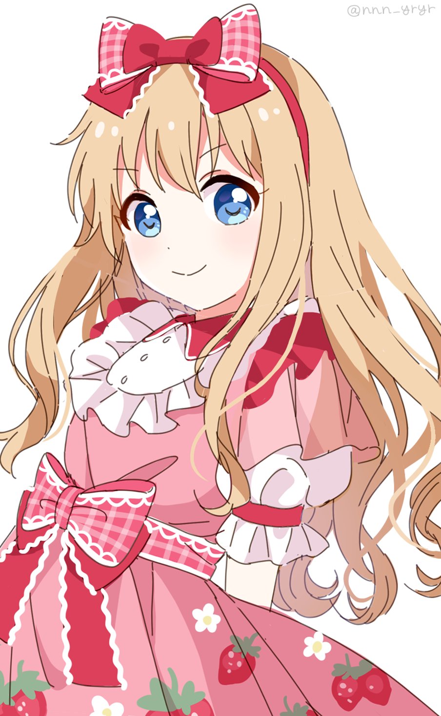 1girl arms_behind_back blonde_hair blue_eyes blush bow closed_mouth collar collared_dress dress floral_print food_print frills hair_bow hairband highres long_hair looking_at_viewer nnn_yryr pink_bow pink_dress puffy_short_sleeves puffy_sleeves red_bow red_collar red_hairband short_sleeves simple_background smile solo standing strawberry_print toshinou_kyouko twitter_username waist_bow wavy_hair white_background yuru_yuri
