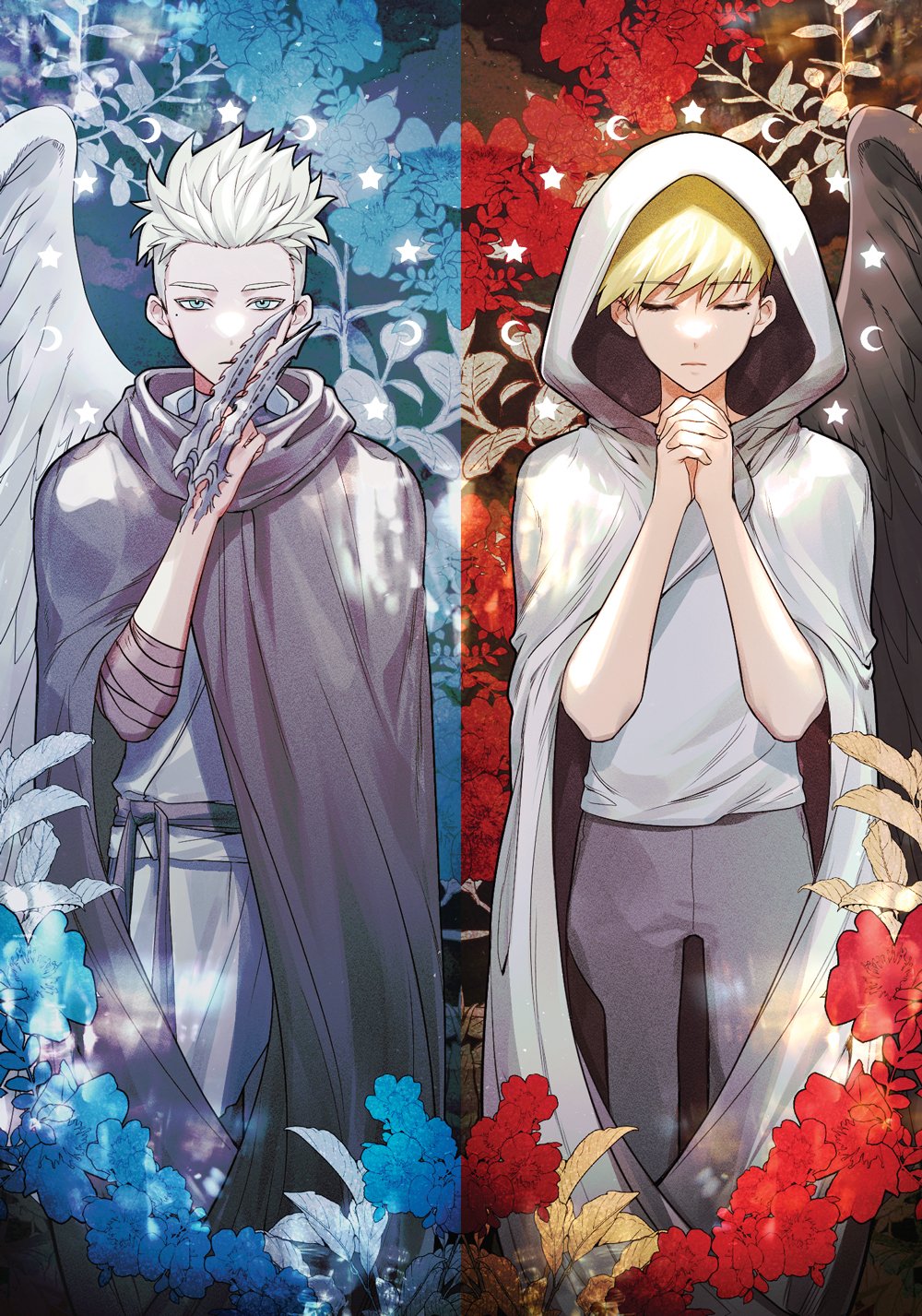 2boys aged_down arm_wrap black_wings blonde_hair blue_flower brothers child claws cloak closed_eyes closed_mouth column_lineup contrast crescent facing_viewer feathered_wings flower grey_cloak grey_pants hand_up hands_up highres hood hood_up hooded_cloak interlocked_fingers looking_at_viewer male_focus millions_knives mole mole_under_eye multiple_boys own_hands_together pants plant praying raku7560 red_flower sash shirt siblings side-by-side single_wing standing star_(symbol) trigun twins vash_the_stampede white_hair white_shirt white_wings wings