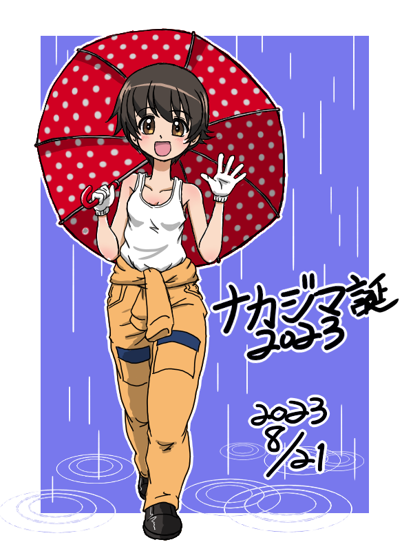 1girl 2023 :d birthday black_footwear blue_background brown_eyes brown_hair character_name clothes_around_waist commentary dated girls_und_panzer gloves holding holding_umbrella jumpsuit looking_at_viewer mechanic nakajima_(girls_und_panzer) open_mouth orange_jumpsuit outline rain red_umbrella shoes short_hair smile solo standing takahashi_kurage tank_top translated umbrella uniform waving white_gloves white_outline white_tank_top