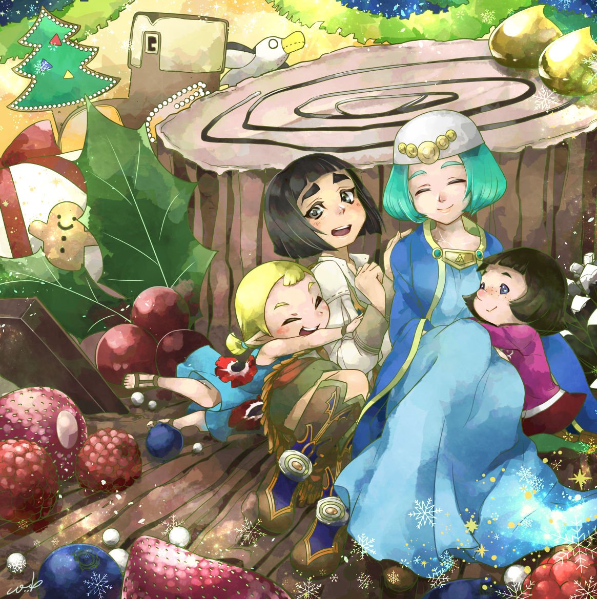 4girls :&gt; ^_^ aqua_hair artist_name aryll bare_shoulders black_eyes black_hair blonde_hair blue_cloak blue_dress blue_eyes blueberry blunt_bangs blush bob_cut boots brown_footwear child christmas clenched_hand cloak closed_eyes closed_mouth commentary_request dress female_child flat_chest floral_print food freckles fruit full_body gingerbread_man green_skirt hair_tie hand_up happy hat holly in-franchise_crossover kandori_makoto knee_boots knees_up korok_seed long_dress long_sleeves looking_at_another looking_to_the_side luda_(zelda) mini_person minigirl miniskirt multiple_girls open_mouth pamela_(majora's_mask) pink_shirt pointy_ears raspberry red_skirt sandals seres_(zelda) shirt short_hair sidelocks signature sitting skirt sleeveless sleeveless_dress smile snowflakes sparkle split_mouth strawberry stuffed_animal stuffed_bird stuffed_toy teeth the_legend_of_zelda the_legend_of_zelda:_a_link_between_worlds the_legend_of_zelda:_majora's_mask the_legend_of_zelda:_the_wind_waker the_legend_of_zelda:_twilight_princess thick_eyebrows twintails white_headwear white_shirt yule_log