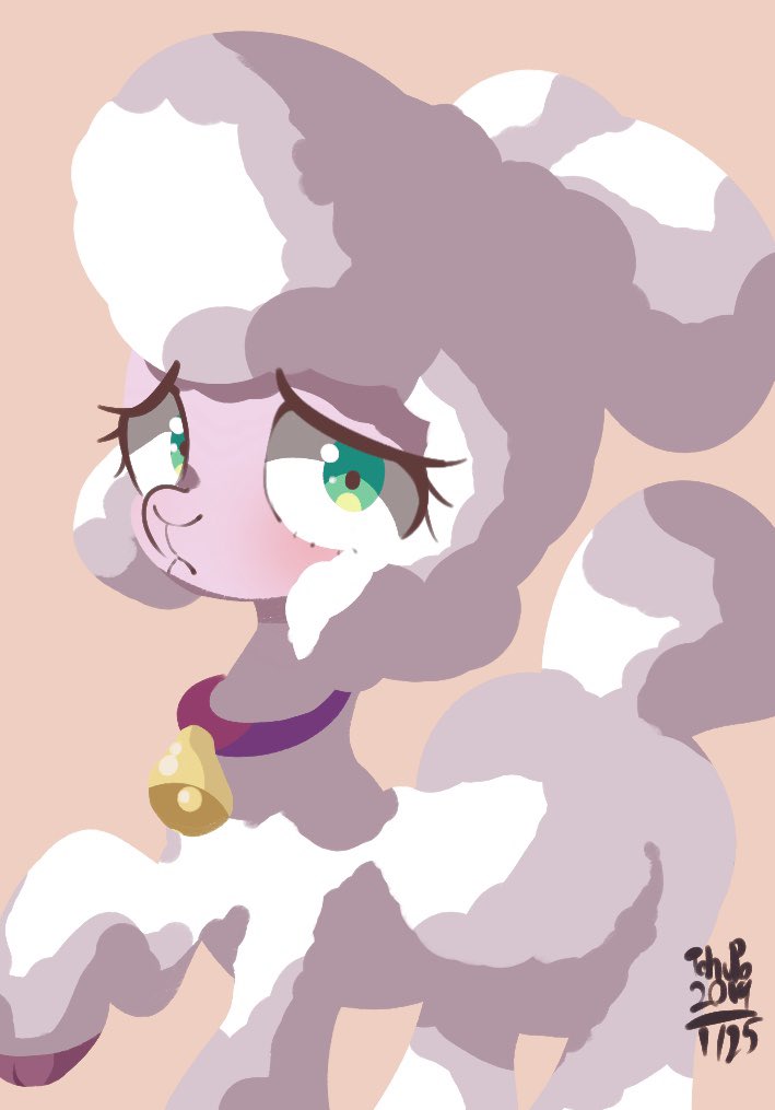 2019 bell bell_collar blush bovid caprine cloven_hooves collar digital_media_(artwork) domestic_sheep eyelashes female feral frown fur green_eyes hooves looking_at_viewer mammal pom_(tfh) purple_hooves quadruped raised_hoof sheep signature simple_background solo tail tan_background them's_fightin'_herds tohupo white_body white_fur white_wool wool_(fur)