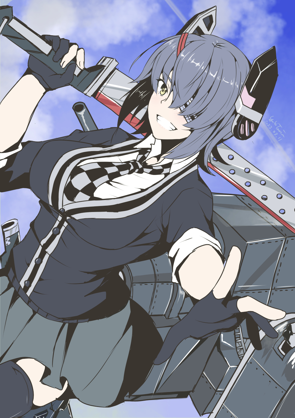 1girl black_gloves black_jacket black_skirt black_thighhighs blazer blue_sky checkered_necktie dated dutch_angle eyepatch gloves grin highres holding holding_sword holding_weapon jacket kantai_collection looking_at_viewer machinery necktie outdoors over_shoulder partially_fingerless_gloves purple_hair school_uniform shirt short_hair short_sleeves skirt sky smile solo sword sword_over_shoulder taira_yuuki tenryuu_(kancolle) tenryuu_kai_ni_(kancolle) thighhighs weapon weapon_over_shoulder white_shirt yellow_eyes