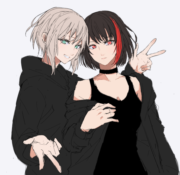 2girls aoba_moca aqua_eyes bang_dream! black_choker black_hair black_hoodie black_tank_top breasts choker cleavage clenched_teeth closed_mouth collarbone commentary_request double_w grey_hair hood hoodie long_sleeves looking_at_viewer medium_breasts mitake_ran multicolored_hair multiple_girls red_eyes red_hair sen'yuu_yuuji sidelocks simple_background single_bare_shoulder single_off_shoulder smile streaked_hair tank_top teeth two-tone_hair upper_body w white_background