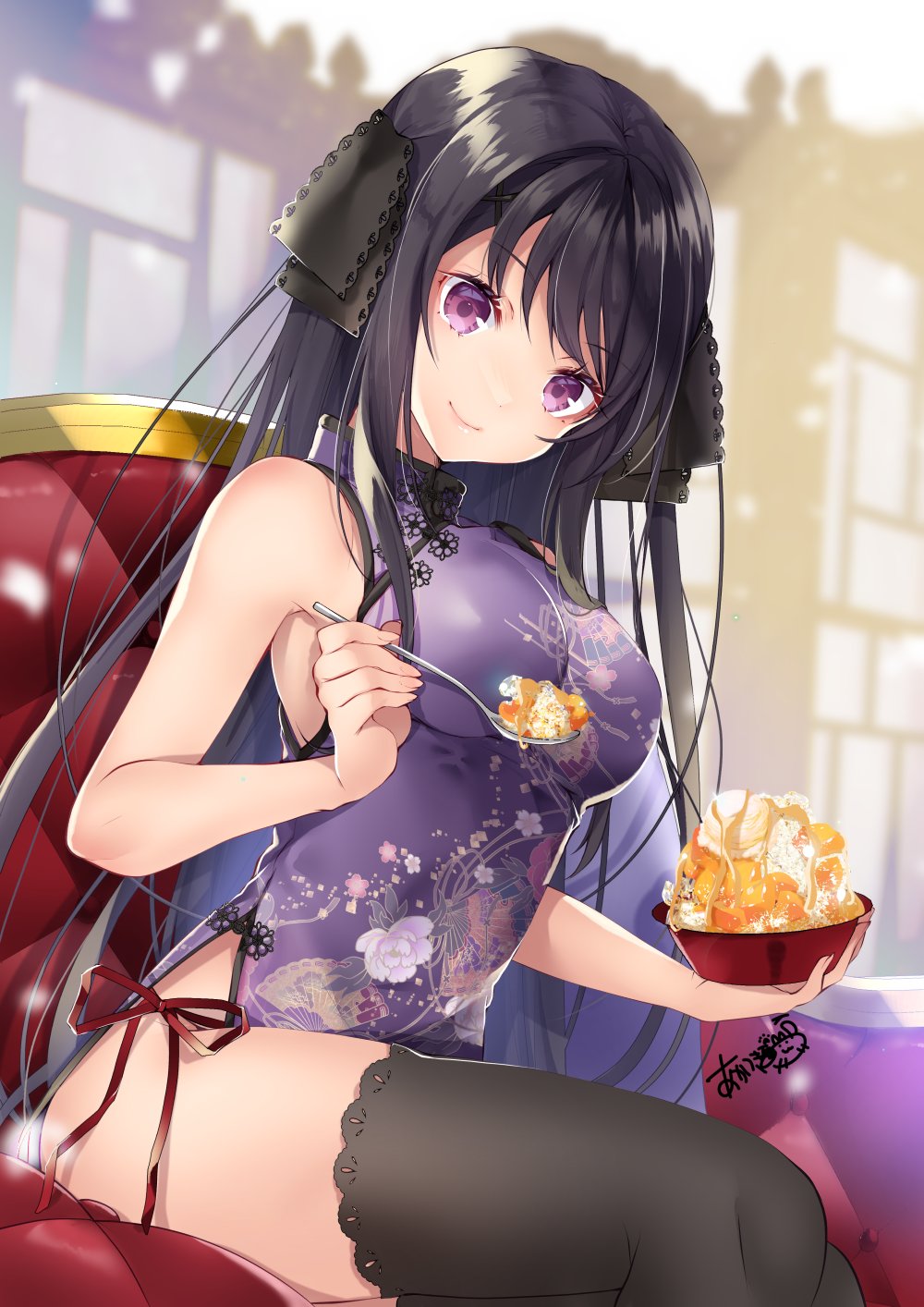 1girl akatsuki_hijiri alternate_costume ao_no_kanata_no_four_rhythm bare_arms black_hair black_ribbon black_thighhighs blurry blurry_background bowl breasts china_dress chinese_clothes closed_mouth commentary commission couch cowboy_shot curvy dress eyelashes floral_print food frilled_ribbon frills hair_between_eyes hair_ribbon hand_up highres hip_vent holding holding_bowl incoming_food indoors large_breasts lips long_hair looking_at_viewer on_couch panties purple_dress purple_eyes red_ribbon ribbon shaved_ice side-tie_panties signature sitting skeb_commission sleeveless sleeveless_dress smile solo straight_hair thighhighs thighs tobisawa_misaki underwear very_long_hair