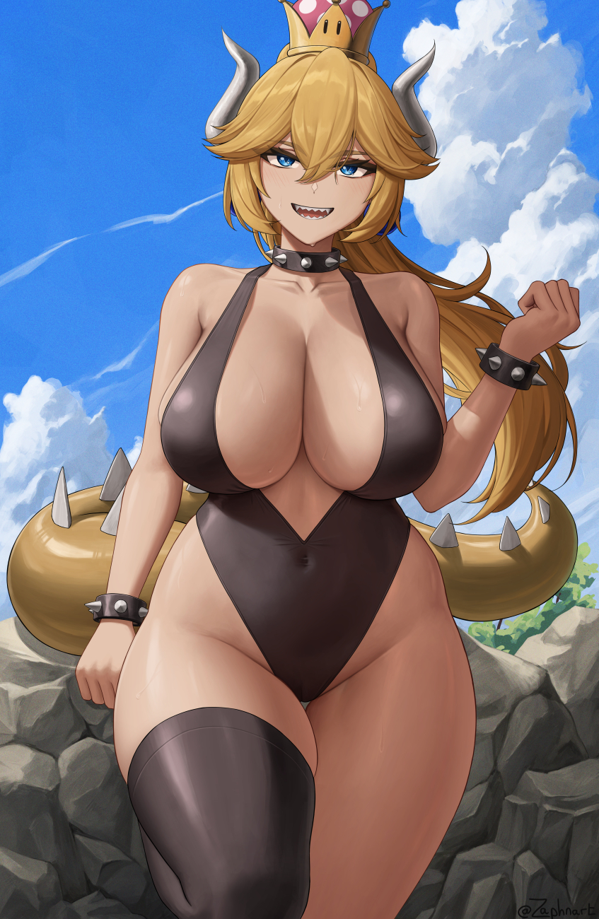 1girl black_choker black_one-piece_swimsuit black_thighhighs blonde_hair blue_eyes bowsette breasts choker collarbone commentary covered_navel crown english_commentary hair_between_eyes hand_up highleg highres horns large_breasts long_hair looking_at_viewer mario_(series) new_super_mario_bros._u_deluxe one-piece_swimsuit open_mouth outdoors ponytail sharp_teeth single_thighhigh smile solo spiked_choker spikes super_crown swimsuit tail teeth thighhighs thighs zaphn