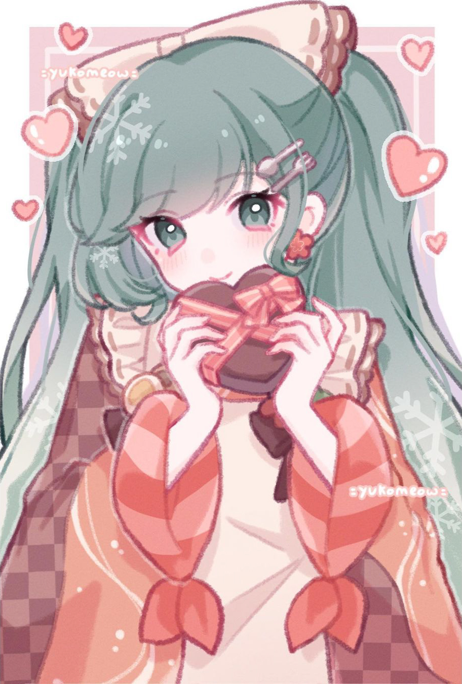 1girl apron aqua_eyes aqua_hair artist_name bell_pepper blush book border bow box box_of_chocolates brown_bow brown_kimono charm_(object) checkered_clothes checkered_kimono closed_mouth earrings english_commentary eyelashes flower flower_earrings fork_hair_ornament frilled_apron frilled_bow frills green_pepper hair_bow hair_ornament hairclip hardboiled_egg hatsune_miku heart heart-shaped_box highres holding holding_book japanese_clothes jewelry kappougi kimono long_hair long_sleeves looking_at_viewer pink_background pink_bow pink_ribbon red_flower red_ribbon red_sleeves red_wrist_cuffs ribbon ribbon-trimmed_apron ribbon-trimmed_bow ribbon_trim smile snowflake_print spoon_hair_ornament striped striped_bow striped_ribbon striped_wrist_cuffs twintails upper_body vocaloid watermark white_apron white_border wide_sleeves wrist_ribbon wrist_wrap yuki_miku yuki_miku_(2024) yukomeow