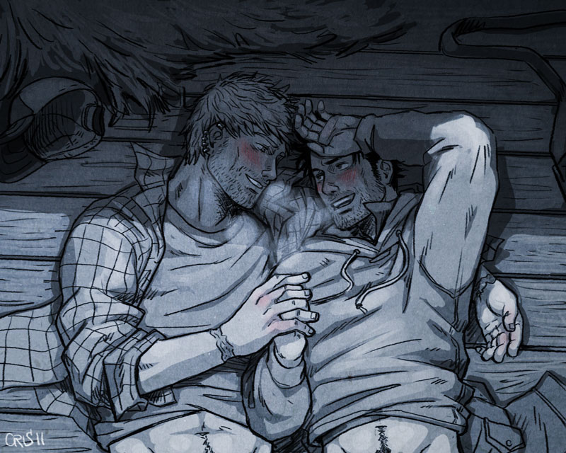 2boys after_sex afterglow bara beard_stubble black_hair blonde_hair blush breath couple cris_art ear_piercing eye_contact farm from_above hand_on_own_forehead hay hood hoodie hulkling interlocked_fingers layered_shirt long_sideburns looking_at_another lying male_focus marvel midriff_peek multiple_boys mustache_stubble navel navel_hair on_back open_clothes open_shirt out-of-frame_censoring piercing short_hair sideburns smile spot_color thick_eyebrows toned toned_male upper_body wiccan yaoi