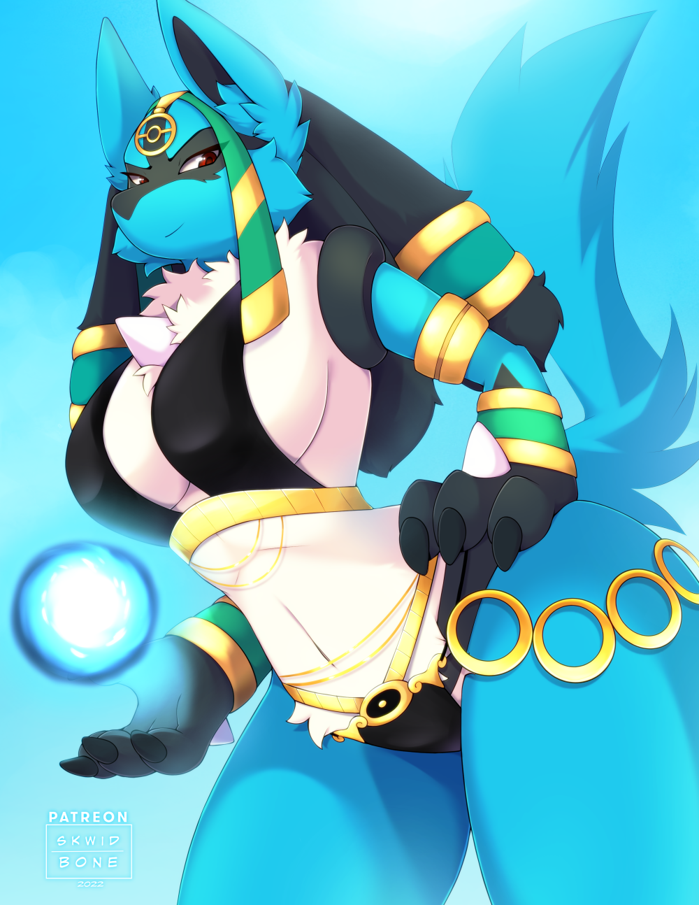 anthro armor bracers breasts chest_tuft ear_tuft female fur furgonomics generation_4_pokemon hand_on_hip hi_res holowear_(pokemon) looking_at_viewer low-angle_view lucario magic navel nintendo pokemon pokemon_(species) pokemon_unite ruins_style_lucario side_boob simple_background skwidbone solo spikes spikes_(anatomy) tuft