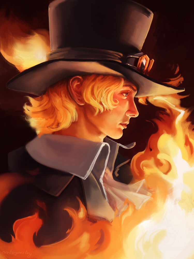 1boy ascot blonde_hair closed_mouth fire from_side goggles goggles_on_headwear hat lordofthepies one_piece sabo_(one_piece) short_hair solo top_hat