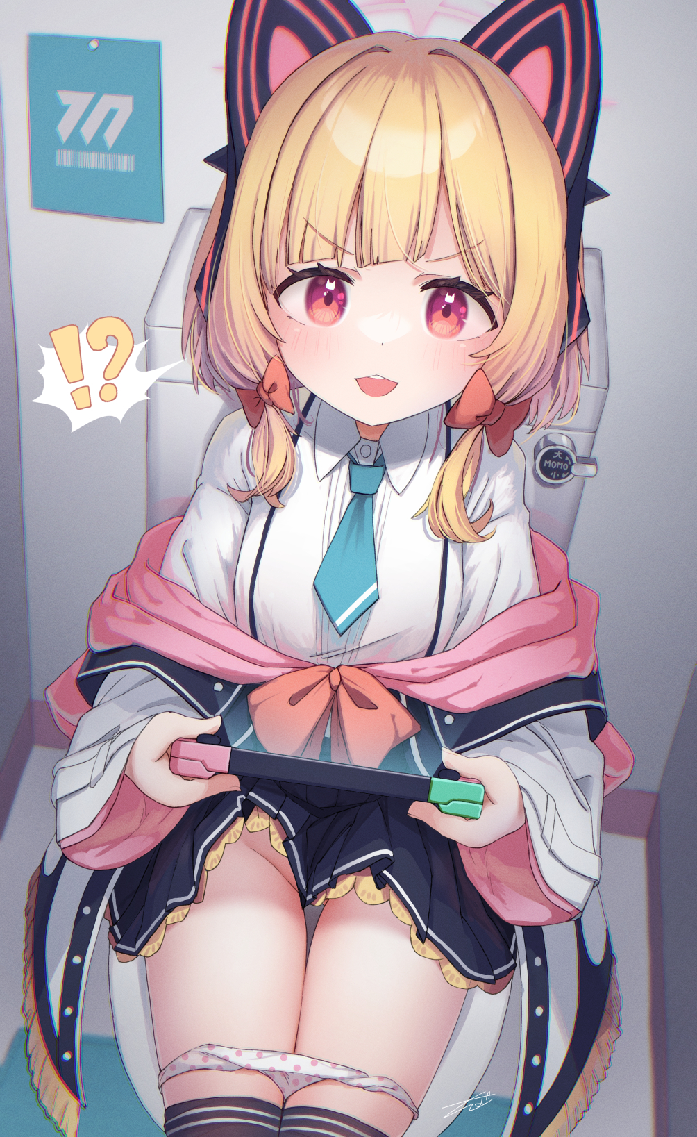 !? 1girl animal_ear_headphones animal_ears aqua_necktie blonde_hair blue_archive blue_skirt bow cat_ear_headphones chestnut_mouth collared_shirt fake_animal_ears from_above hair_bow halo handheld_game_console headphones highres holding holding_handheld_game_console indoors jacket legs_together medium_hair momoi_(blue_archive) multicolored_clothes multicolored_jacket necktie nintendo_switch off_shoulder on_toilet open_mouth paid_reward_available panties panty_pull pink_eyes pink_jacket pleated_skirt polka_dot polka_dot_panties red_bow saebashi shirt skirt smile solo spoken_interrobang suspender_skirt suspenders thigh_gap thighhighs toilet two-tone_jacket underwear white_jacket white_shirt