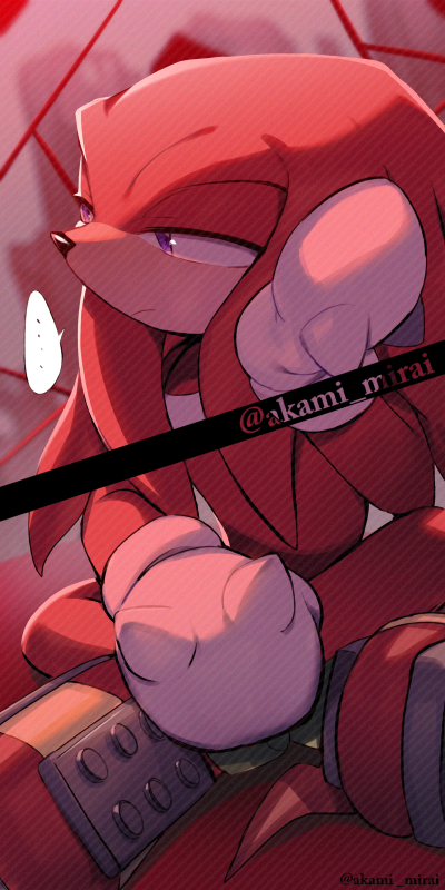 ... 1boy animal_nose artist_name boots closed_mouth flower furry furry_male gloves half-closed_eyes hand_on_own_head hand_up iiimirai indian_style knuckles_the_echidna looking_to_the_side male_focus purple_eyes red_flower red_fur shadow sitting solo sonic_(series) speech_bubble tail thread white_gloves