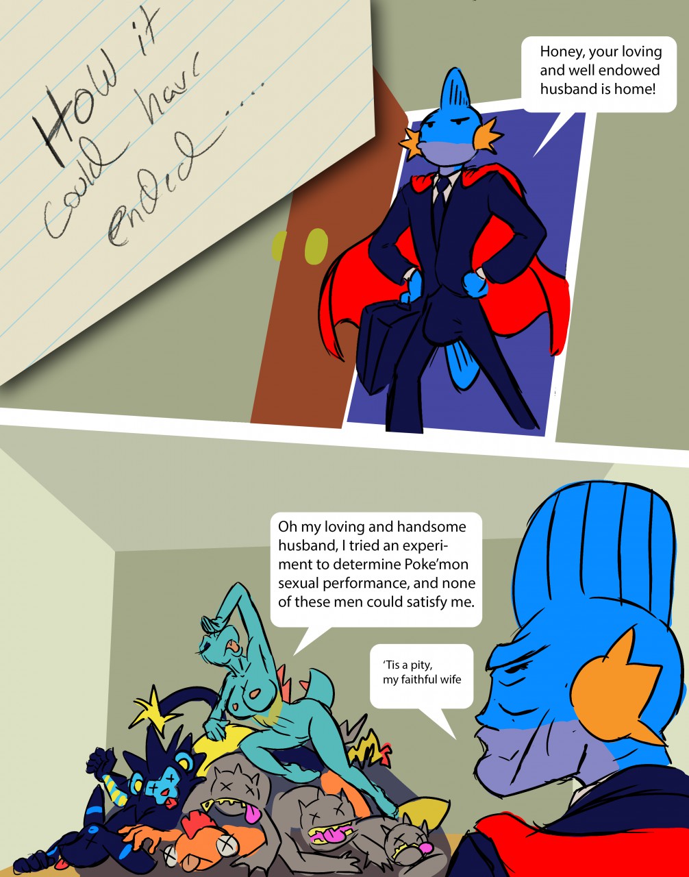 anthro banette blue_body breasts bulge cape clothed clothing comic dialogue eeveelution english_text eyes_closed female fully_clothed generation_2_pokemon generation_3_pokemon generation_4_pokemon generation_5_pokemon grey_body group hi_res luxray male mudkip nintendo nipples nude orange_body pokemon pokemon_(species) scrafty standing text thebigbadwolf01 tongue tongue_out totodile umbreon x_eyes