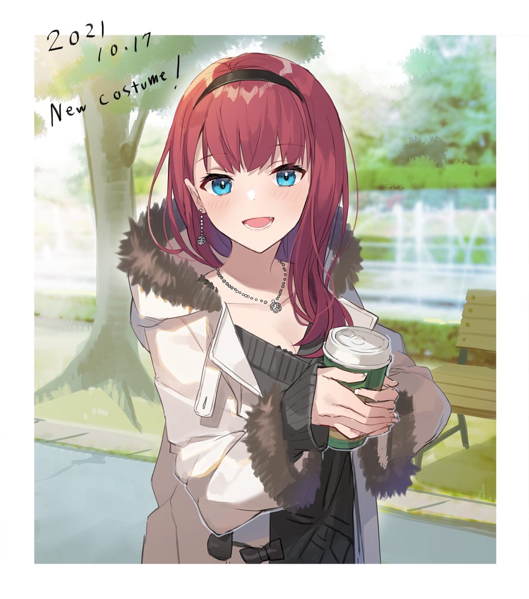 1girl asahina_akane_(2nd_costume)_(nijisanji) asahina_akane_(nijisanji) bench black_bow black_hairband black_sweater blue_eyes blush bow breasts cleavage coat coffee_cup collarbone cup dated disposable_cup earrings eihi english_text fur-trimmed_jacket fur_trim hairband holding holding_cup jacket jewelry long_sleeves looking_at_viewer lower_teeth_only medium_hair necklace nijisanji official_art open_clothes open_coat open_mouth outdoors park_bench red_hair single_earring smile solo sweater teeth tree virtual_youtuber white_coat