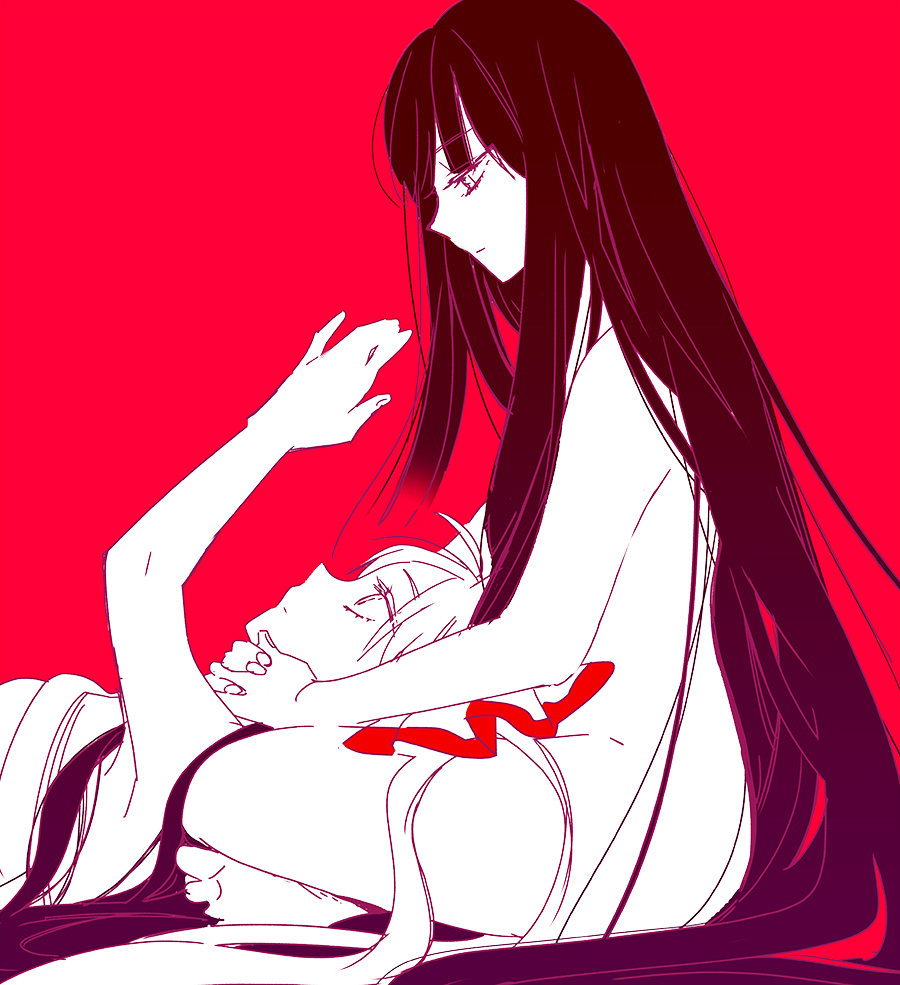 2girls black_hair bow closed_mouth commentary_request crossed_legs fujiwara_no_mokou hair_bow hands_on_another's_neck houraisan_kaguya lap_pillow light_frown long_hair looking_at_another lying multiple_girls nude on_back red_background sitting touhou very_long_hair yonu_(yonurime)