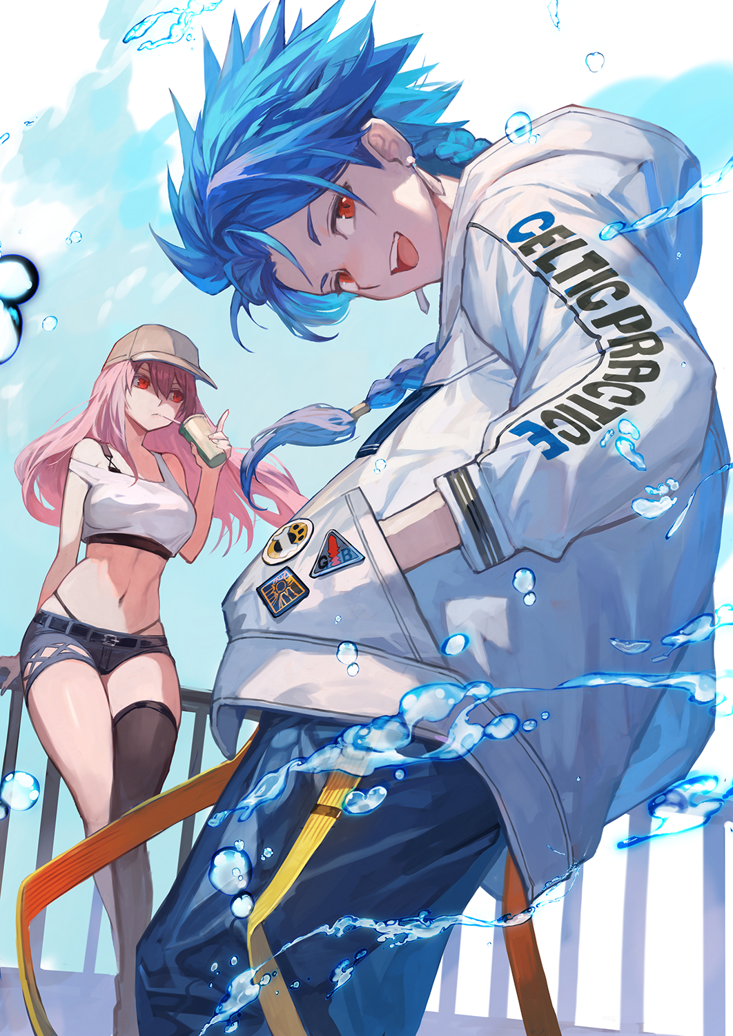 1boy 1girl :d bare_shoulders black_thighhighs blue_hair blue_sky braid braided_ponytail breasts brown_headwear casual cleavage commentary_request crop_top cu_chulainn_(fate) cup cutoffs denim denim_shorts disposable_cup drinking drinking_straw drinking_straw_in_mouth earrings fate/grand_order fate_(series) hands_in_pockets hat highleg highleg_panties highres holding holding_cup hood hood_down hooded_jacket jacket jewelry lack large_breasts long_hair looking_at_viewer looking_to_the_side midriff navel off_shoulder open_clothes open_jacket open_mouth panties pink_hair railing red_eyes scathach_(fate) setanta_(fate) short_shorts shorts single_thighhigh sitting sitting_on_railing skindentation sky smile standing tail tank_top teeth thighhighs underwear upper_teeth_only water white_jacket white_tank_top