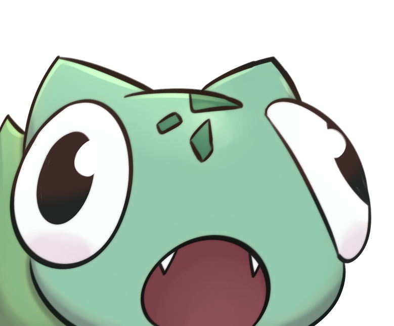 2023 ambiguous_gender big_eyes black_eyes bulbasaur cute_fangs derpy feral generation_1_pokemon green_body green_scales miso_souperstar nintendo open_mouth pie_cut_eyes pokemon pokemon_(species) scales scalie simple_background solo white_background