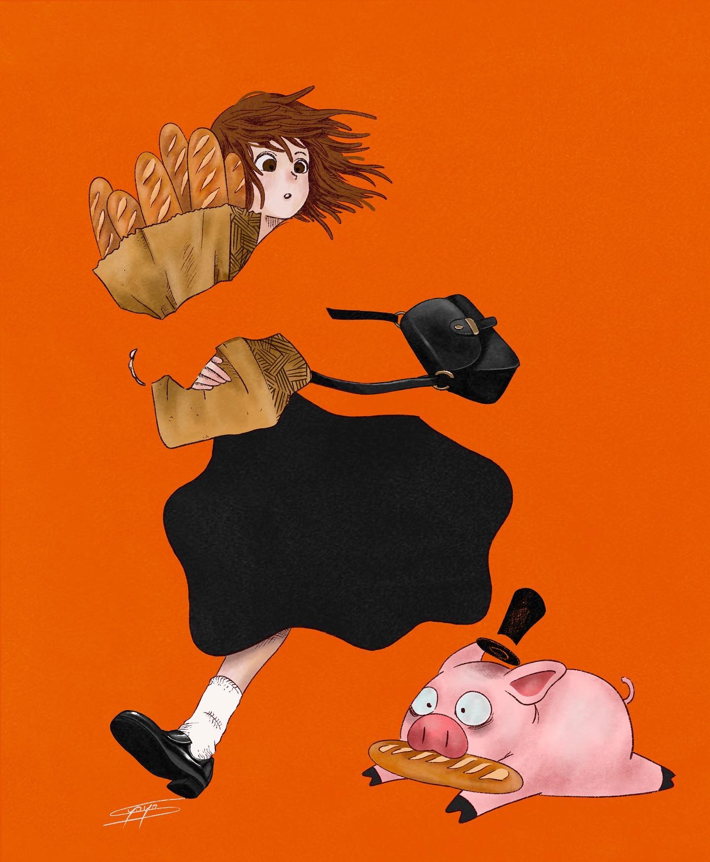 1girl bag baguette black_bag black_eyes black_footwear black_skirt blending bread brown_eyes brown_hair food highres medium_hair orange_background orange_sweater original parted_lips pig running shoes shoulder_bag signature simple_background skirt sleeves_past_wrists socks solo sweater syooooyoooo white_socks