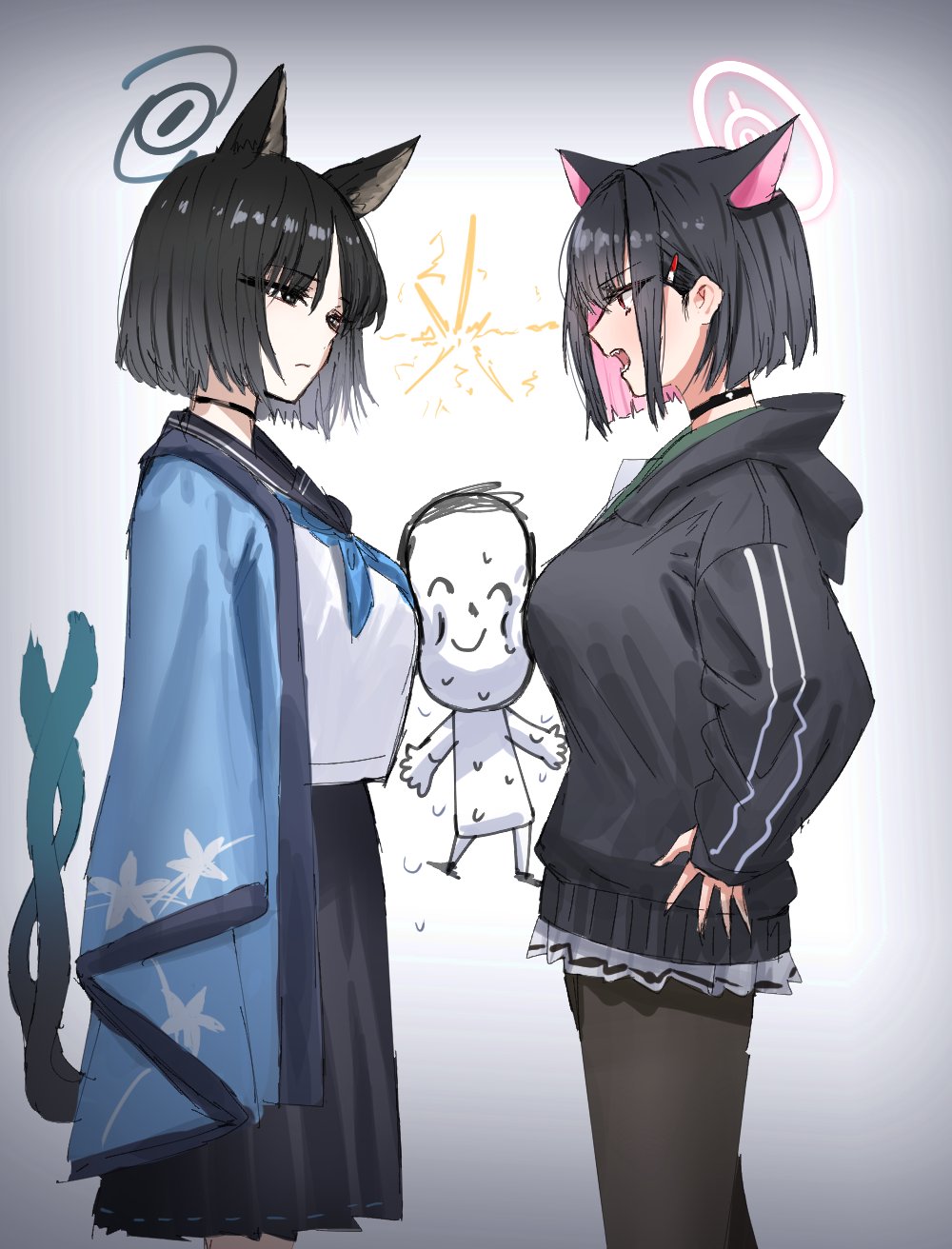 1boy 2girls animal_ears arona's_sensei_doodle_(blue_archive) black_choker black_eyes black_hoodie black_jacket black_sailor_collar blue_archive blue_halo blue_neckerchief cat_choker cat_ears choker colored_inner_hair extra_ears halo hand_on_own_hip haori highres hood hooded_jacket hoodie horn/wood jacket japanese_clothes kazusa_(blue_archive) kikyou_(blue_archive) looking_at_another looking_to_the_side multicolored_hair multiple_girls multiple_tails neckerchief nervous_sweating pink_halo purple_halo sailor_collar sensei_(blue_archive) sparks sweat tail two-tone_hair two_tails