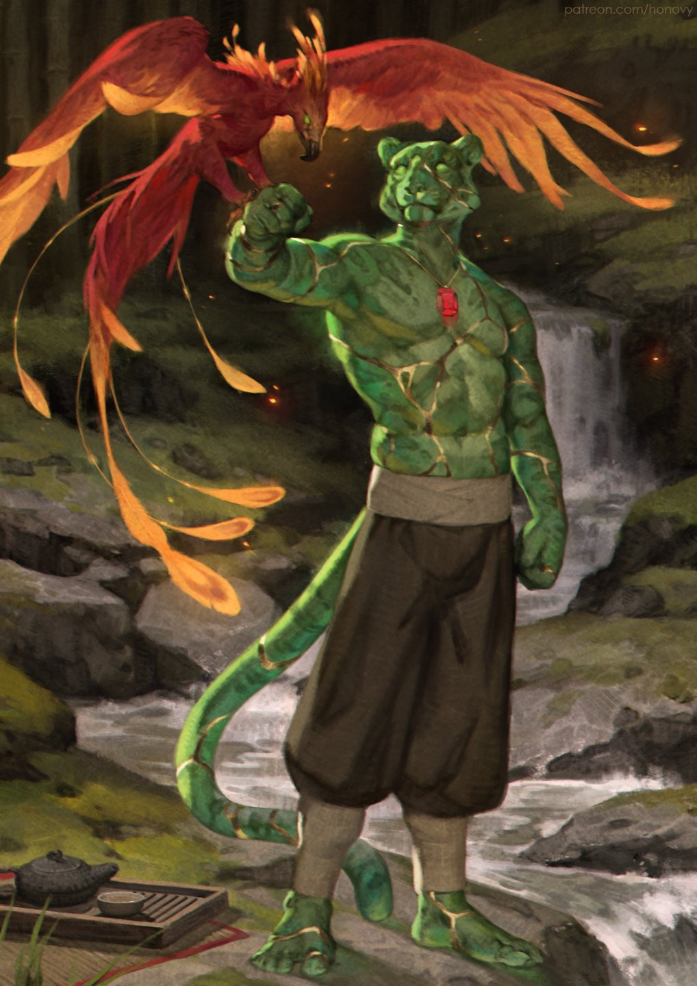 1boy barefoot bird forest full_body furry furry_male gem green_eyes hand_up highres honovyart jewelry kintsugi male_focus muscular muscular_male nature necklace original pants phoenix red_gemstone solo tea topless_male