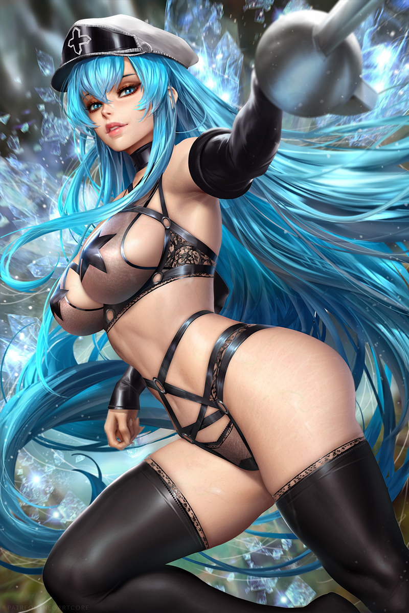 1girl akame_ga_kill! black_collar black_sleeves black_thighhighs blue_eyes blue_hair blurry blurry_background breasts collar detached_sleeves english_commentary esdeath hair_between_eyes hat holding holding_sword holding_weapon ice large_breasts long_hair long_sleeves looking_at_viewer military_hat mixed-language_commentary neoartcore o-ring o-ring_bottom o-ring_panties paid_reward_available panties parted_lips pasties peaked_cap rapier see-through_bra see-through_panties solo star_pasties sword thai_commentary thighhighs thighs two-tone_headwear underwear very_long_hair weapon white_headwear
