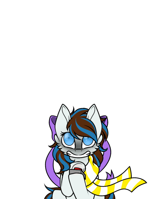 2019 blue_hair bow_tie brown_hair clothing earth_pony equid equine evil_grin fan_character female feral fur grey_body grey_fur hair hasbro horse looking_at_viewer mammal mr_breezy_(mlp) my_little_pony pattern_clothing pattern_scarf pegacousin pony pupils purple_bowtie pushing_button scarf sinister_smile small_pupils smile solo stare string_bow_tie striped_clothing striped_hair striped_scarf stripes unfinished white_scarf yellow_scarf