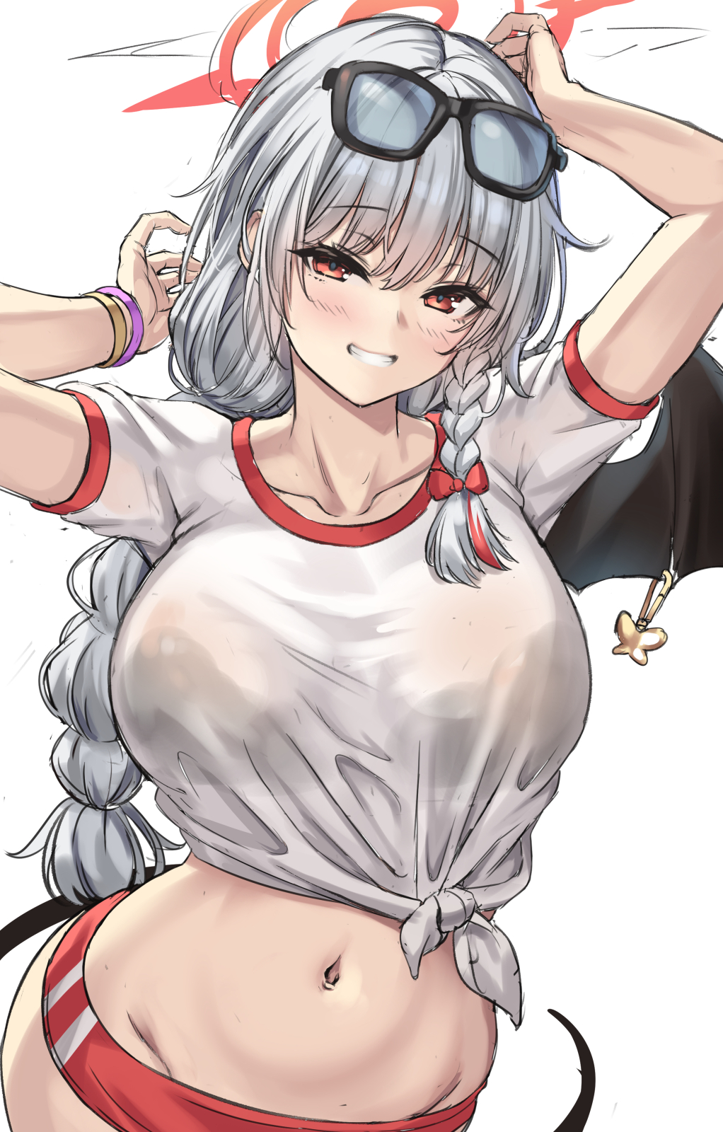 1girl bow bracelet braid breasts bush cenangam collarbone eyewear_on_head grey_hair hair_bow halo haruna_(blue_archive) haruna_(track)_(blue_archive) highres jewelry large_breasts long_hair looking_at_viewer navel red_bow red_eyes red_halo shirt short_sleeves simple_background smile solo unfinished very_long_hair white_background white_shirt wings