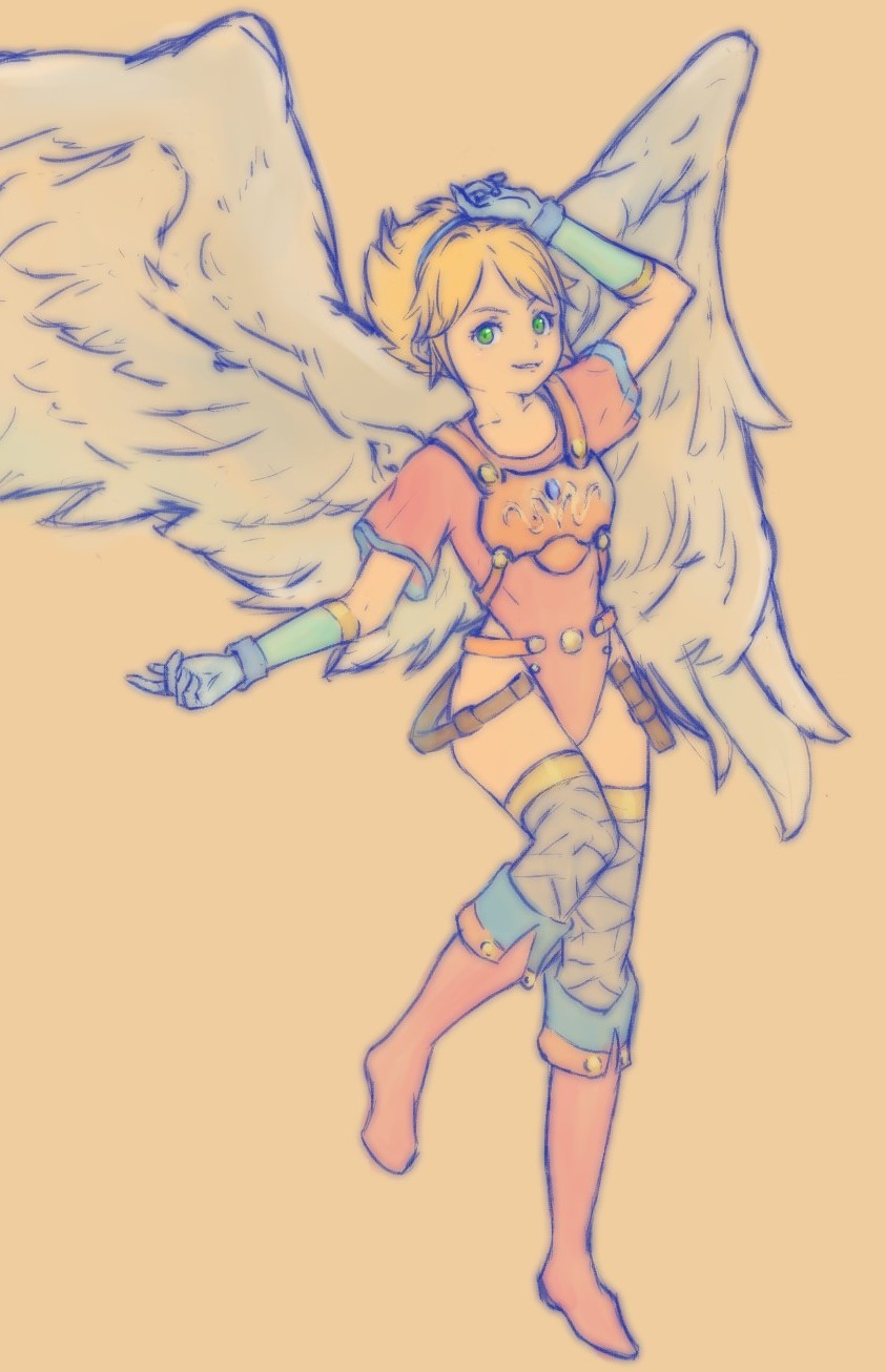 1girl angel_wings armor blonde_hair breath_of_fire breath_of_fire_i feathered_wings full_body gloves green_eyes hairband highres leotard looking_at_viewer lucky_nanaban nina_(breath_of_fire_i) red_leotard short_hair simple_background smile solo thighhighs white_wings wings