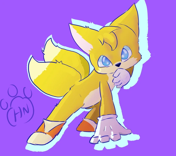 2_tails blue_eyes canid canine clothing footwear fox fur gloves hand_on_ground hand_on_mouth handwear hangyakuneko looking_at_viewer mammal miles_prower mobian_fox multi_tail no_pupils sega shoes solo sonic_the_hedgehog_(series) tail triangle_nose yellow_body yellow_fur