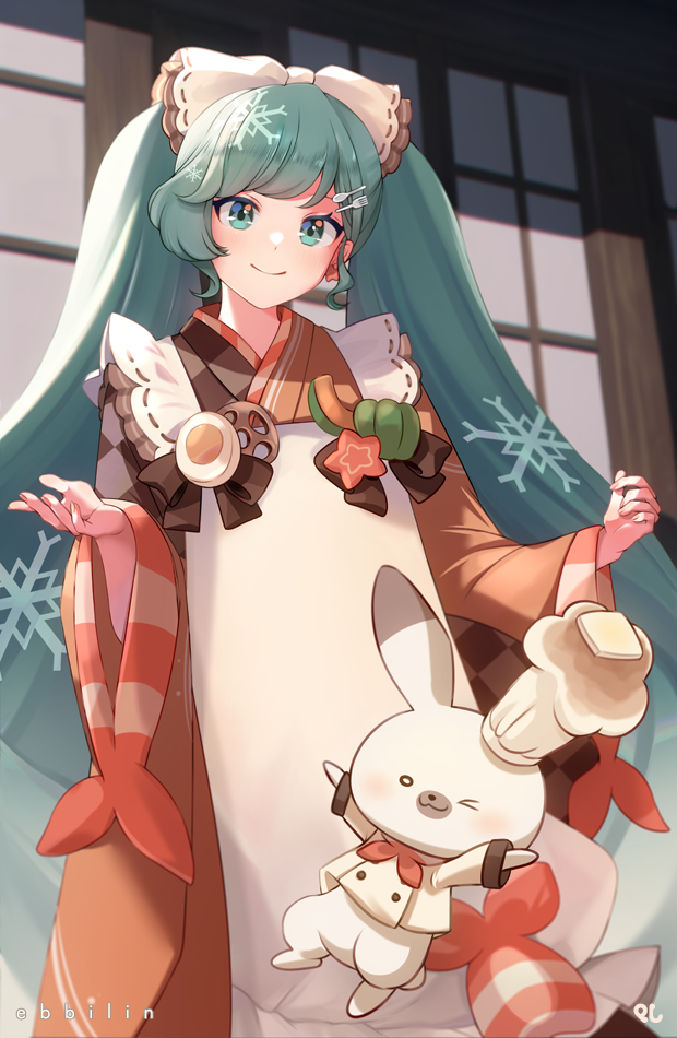 1girl animal apron artist_name badge bell_pepper bow brown_kimono button_badge carrot_slice chef_hat cowboy_shot ebbilin fork_hair_ornament green_pepper hardboiled_egg hat hatsune_miku japanese_clothes kappougi kimono looking_at_viewer lotus_root one_eye_closed rabbit rabbit_yukine smile spoon_hair_ornament squash vocaloid white_bow yuki_miku yuki_miku_(2024)