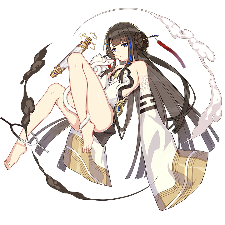 1girl bare_legs bare_shoulders barefoot black_hair blue_eyes chinese_clothes detached_sleeves floating floating_object full_body fuxi_(honkai_impact) honkai_(series) honkai_impact_3rd long_hair official_art scroll snake third-party_source transparent_background white_snake