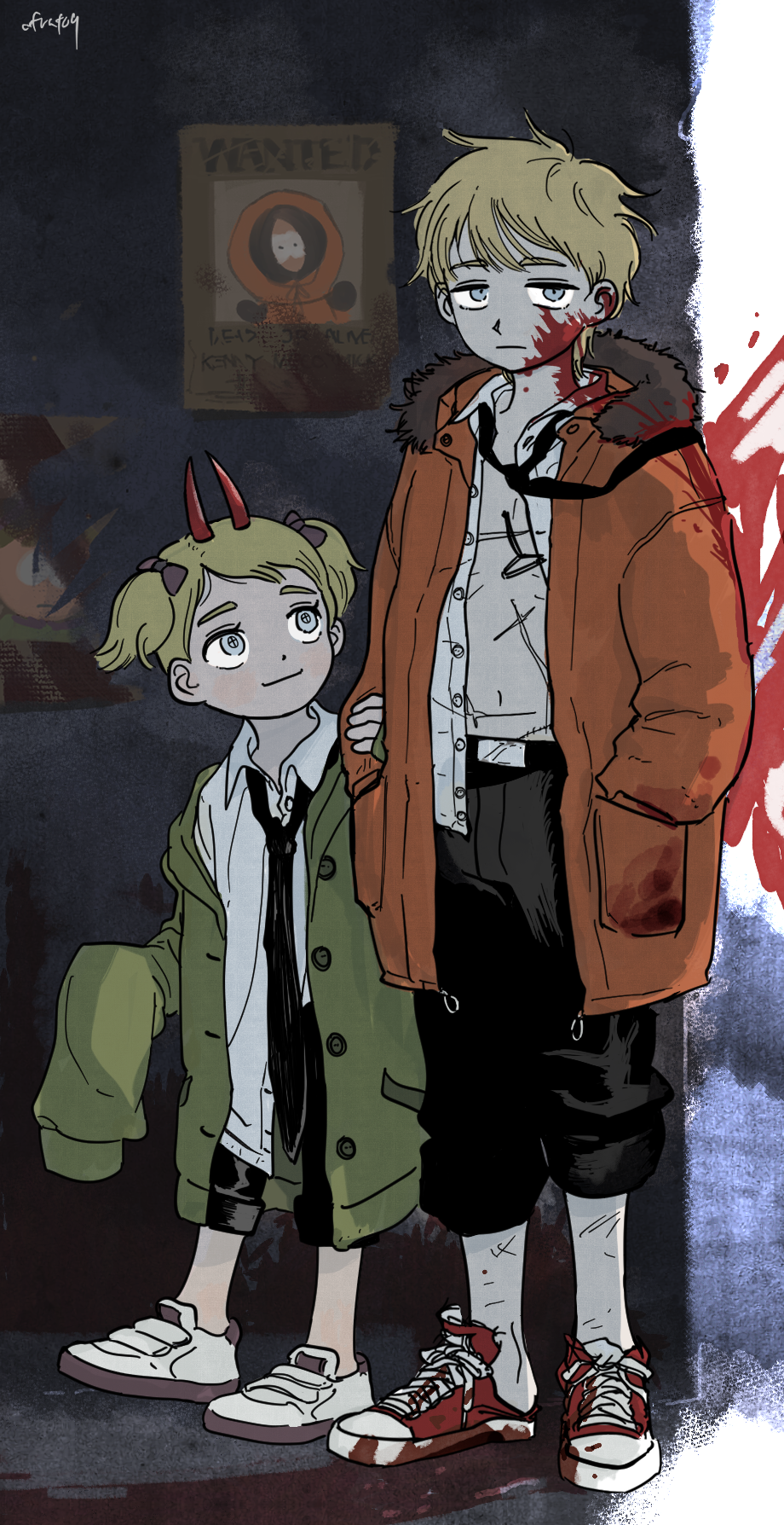 1boy 1girl black_bow black_necktie black_pants blonde_hair blood blood_on_clothes blood_on_face blood_on_wall blood_splatter bow brother_and_sister chainsaw_man closed_mouth coat commentary_request cosplay cross-shaped_pupils denji_(chainsaw_man) denji_(chainsaw_man)_(cosplay) dress_shirt english_commentary expressionless full_body fur-trimmed_hood fur_trim green_jacket grey_eyes hair_bow hands_in_pockets heel_pop highres holding_another's_arm hood hood_down horns jacket jitome karen_mccormick kenny_mccormick light_smile long_sleeves look-alike looking_at_another looking_at_viewer loose_necktie mixed-language_commentary multiple_hair_bows necktie necktie_over_shoulder no_socks open_clothes open_coat open_shirt orange_coat oversized_clothes pants pants_rolled_up parody poster_(object) power_(chainsaw_man) power_(chainsaw_man)_(cosplay) pull_cord scar scar_on_chest shirt shirt_partially_tucked_in shoes short_hair short_twintails siblings signature sleeves_past_fingers sleeves_past_wrists sneakers south_park standing symbol-shaped_pupils twintails uefuatoq wanted white_shirt