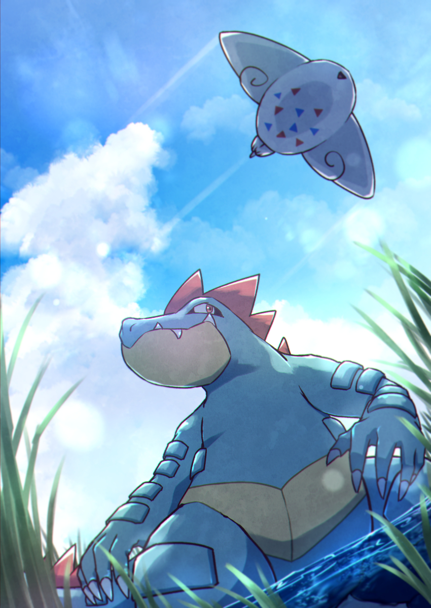 blue_skin blue_sky claws closed_mouth cloud colored_skin fangs fangs_out feraligatr flying grass highres kotobukkii_(yt_lvlv) open_mouth outdoors partially_submerged pokemon red_eyes shallow_water sideways_glance sky standing sunlight togekiss water yellow_skin