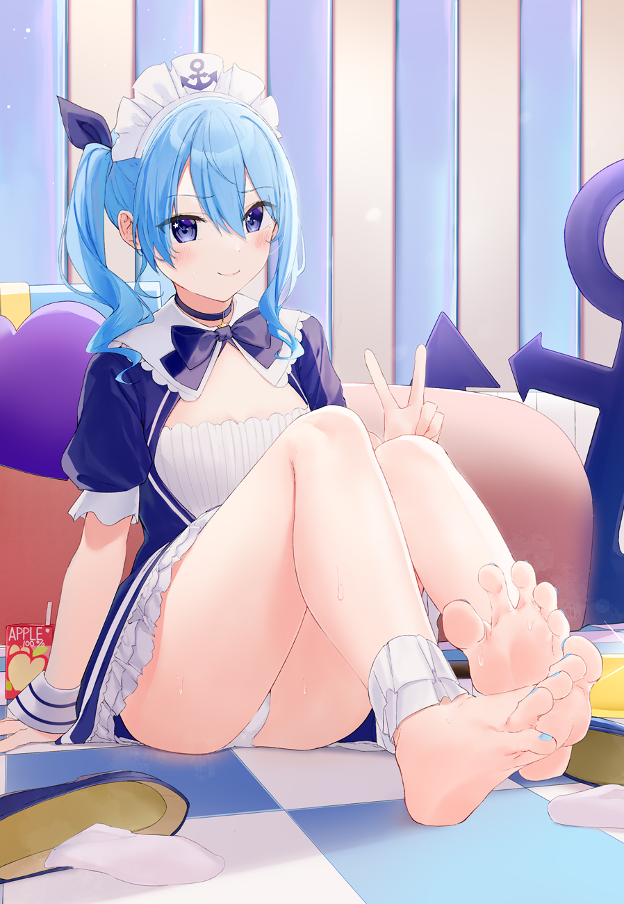 1girl anchor anchor_symbol apple_juice arm_support blue_bow blue_bowtie blue_choker blue_eyes blue_nails blue_ribbon blush bow bowtie breasts choker cleavage closed_mouth cosplay feet full_body hair_between_eyes hair_ribbon hand_up highres hololive hoshimachi_suisei indoors knees_up kou_futoshi legs looking_at_viewer maid_headdress minato_aqua minato_aqua_(cosplay) nail_polish on_ground panties puffy_short_sleeves puffy_sleeves ribbon shadow shoes shoes_removed short_sleeves side_ponytail sitting small_breasts smile socks socks_removed soles solo spread_toes star_(symbol) star_in_eye sweatdrop symbol_in_eye tile_floor tiles toenail_polish toenails toes underwear v virtual_youtuber white_panties white_socks wrist_cuffs