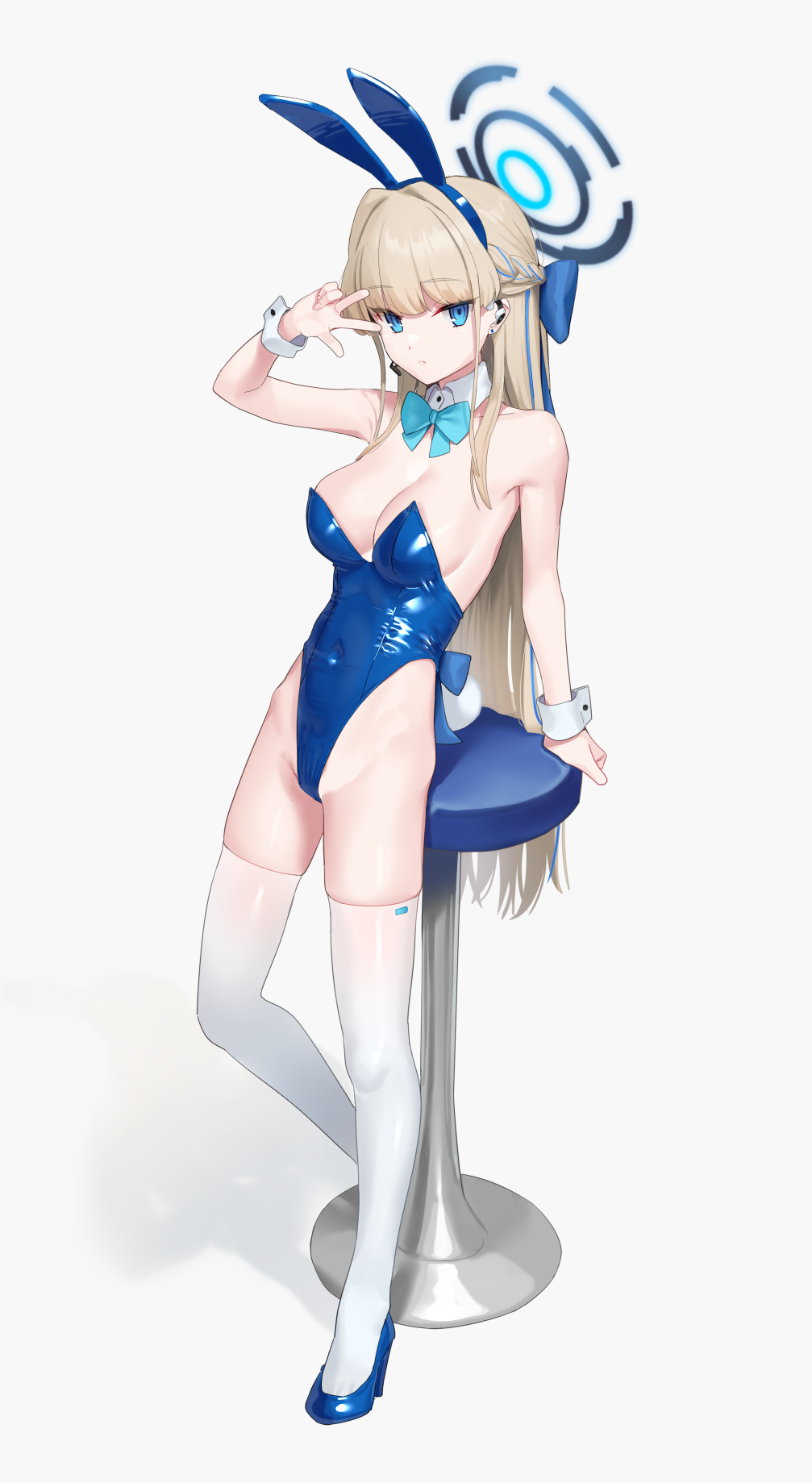 1girl animal_ears aqua_bow aqua_bowtie bar_stool bare_shoulders blonde_hair blue_archive blue_eyes blue_footwear blue_hairband blue_leotard bow bowtie breasts covered_navel detached_collar earpiece fake_animal_ears fake_tail full_body hairband halo high_heels highleg highleg_leotard highres legs leotard long_hair looking_at_viewer medium_breasts multicolored_hair official_alternate_costume ohlia playboy_bunny rabbit_ears rabbit_tail revision shiny_clothes solo standing stool strapless strapless_leotard streaked_hair tail thighhighs thighs toe_cleavage toki_(blue_archive) toki_(bunny)_(blue_archive) v very_long_hair white_thighhighs white_wrist_cuffs wrist_cuffs