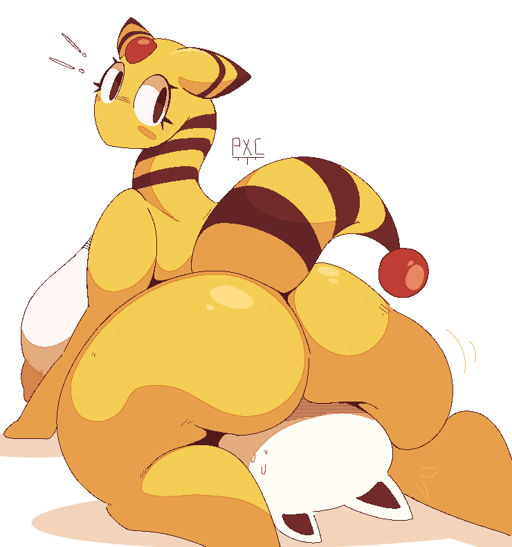 ambiguous_gender ambiguous_species ampharos anthro areola big_breasts big_butt blush bodily_fluids breasts butt duo exclamation_point facesitting female female/ambiguous generation_2_pokemon huge_breasts huge_butt huge_thighs hyper hyper_breasts looking_at_viewer looking_back looking_back_at_viewer nintendo nude overweight overweight_anthro overweight_female pixcello pokemon pokemon_(species) puffy_areola signature simple_background sitting_on_another sweat tail thick_thighs three-quarter_view white_background