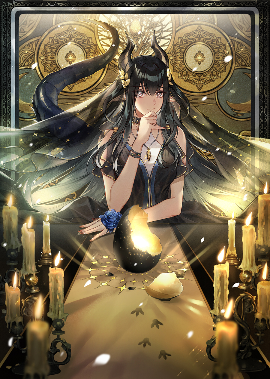 1girl bare_shoulders black_dress black_hair blue_flower blue_rose blurry blurry_foreground candle cracked_egg dialugia dragon_girl dragon_horns dragon_tail dress egg eu_(euspia) flower footprints grey_eyes hair_between_eyes hand_on_own_chin highres horns jewelry korean_commentary long_hair looking_at_viewer mature_female necklace novel_illustration official_art pointy_ears regressor's_instruction_manual rose sleeveless sleeveless_dress solo table tail tearing_up