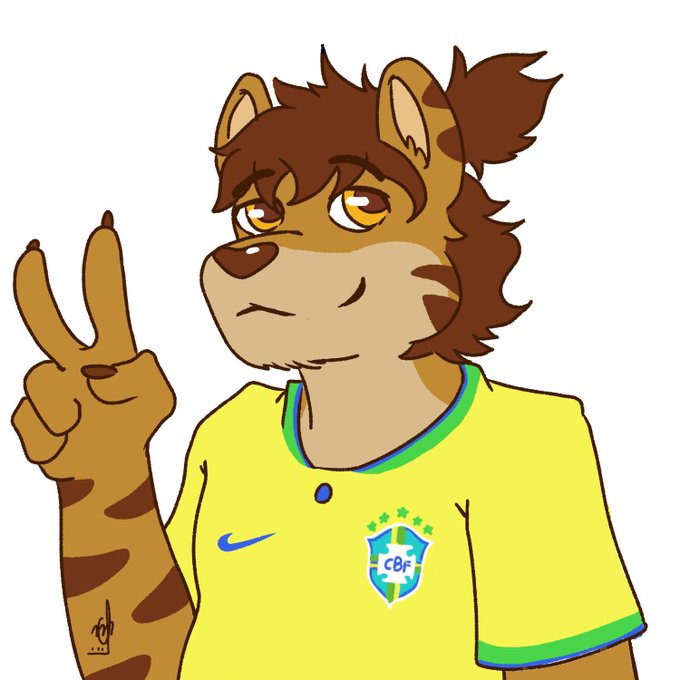 anthro brazilian brown_hair cheek_marks clothed clothing digital_media_(artwork) felid fur gabe_(mytigertail) gesture hair jersey long_hair male mammal markings nike overweight overweight_anthro overweight_male pantherine ponytail_(hair) simple_background slightly_chubby soccer soccer_jersey soccer_uniform solo sport sportswear striped_markings stripes tiger topwear uniform unknown_artist v_sign