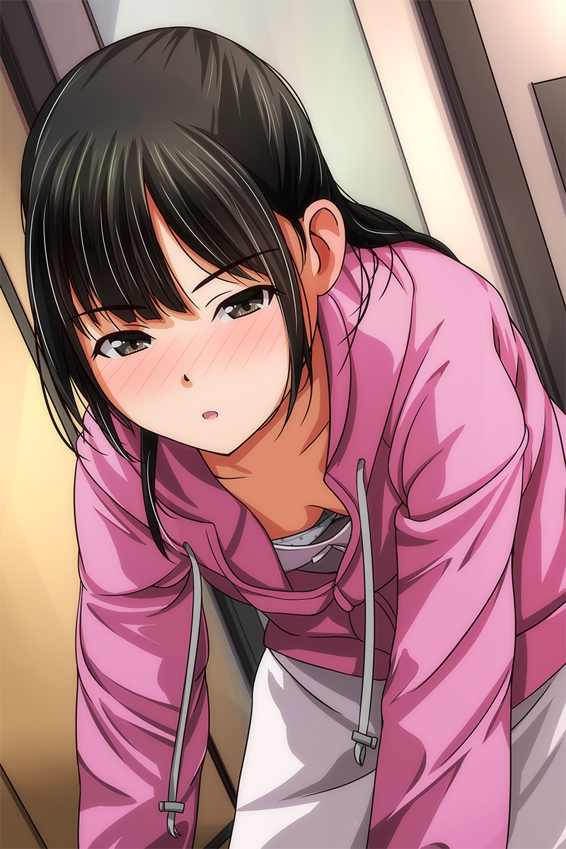 1girl black_hair blunt_bangs blush bra bra_peek breasts brown_eyes dutch_angle feet_out_of_frame highres hood hoodie indoors leaning_forward long_hair looking_at_viewer matsunaga_kouyou nose_blush open_clothes open_hoodie open_mouth original pink_hoodie sidelocks small_breasts solo underwear