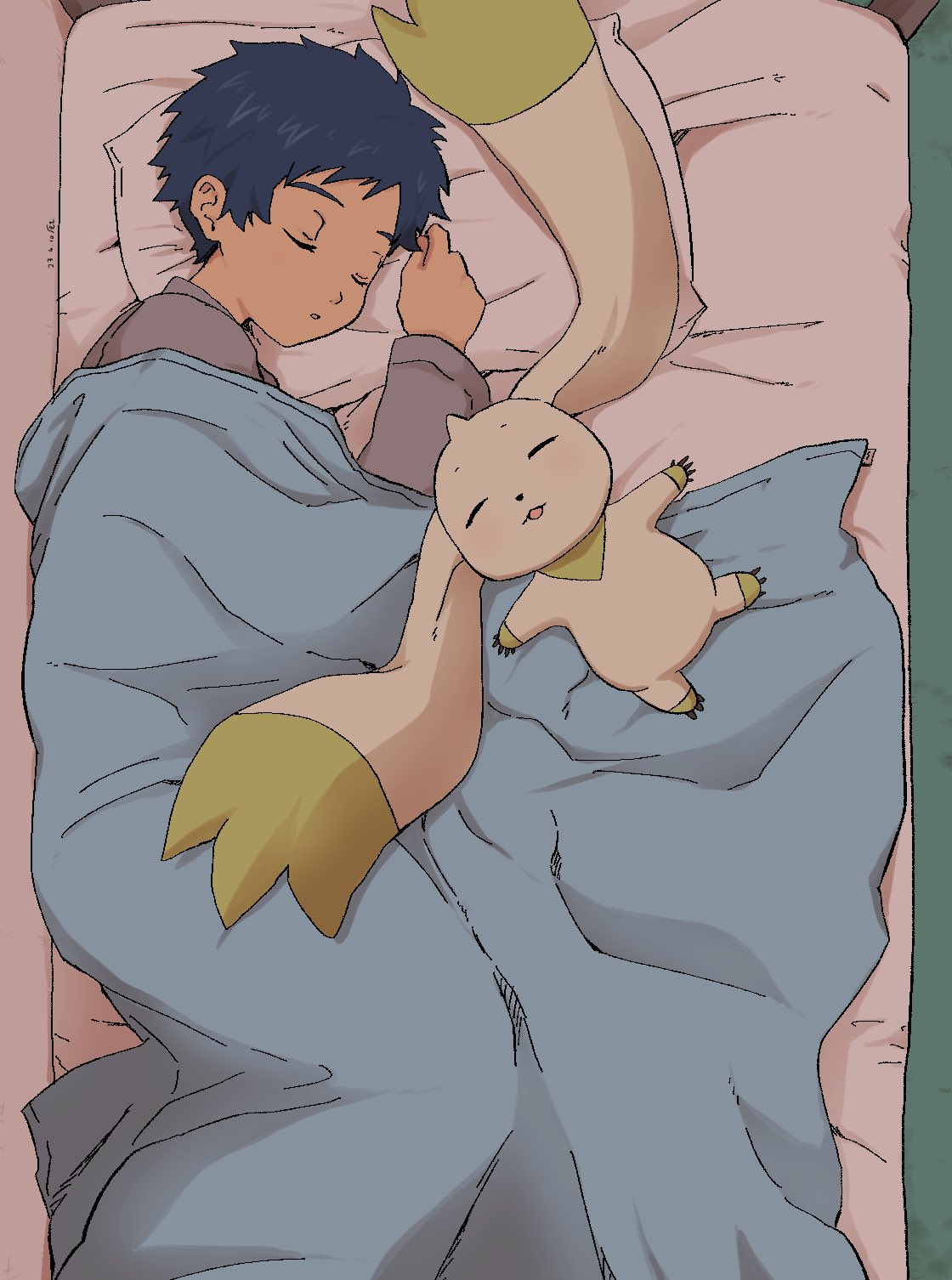 anthro bandai_namco beady_eyes bed bedding blanket blue_hair digimon digimon_(species) duo feng_efu fur furniture hair henry_wong hi_res horn human long_ears male mammal sleeping terriermon white_body white_fur