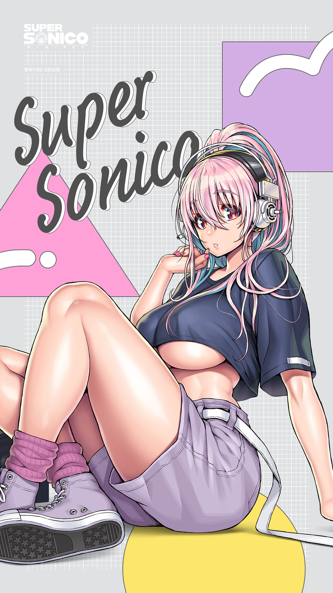 1girl breasts casual character_name colored_inner_hair crop_top fingernails headphones high_ponytail highres large_breasts long_hair looking_at_viewer multicolored_hair nail_polish nitroplus official_art open_mouth pink_hair pink_nails red_eyes shirt shoes short_sleeves shorts sitting sneakers solo super_sonico thighs tsuji_santa two-tone_hair underboob