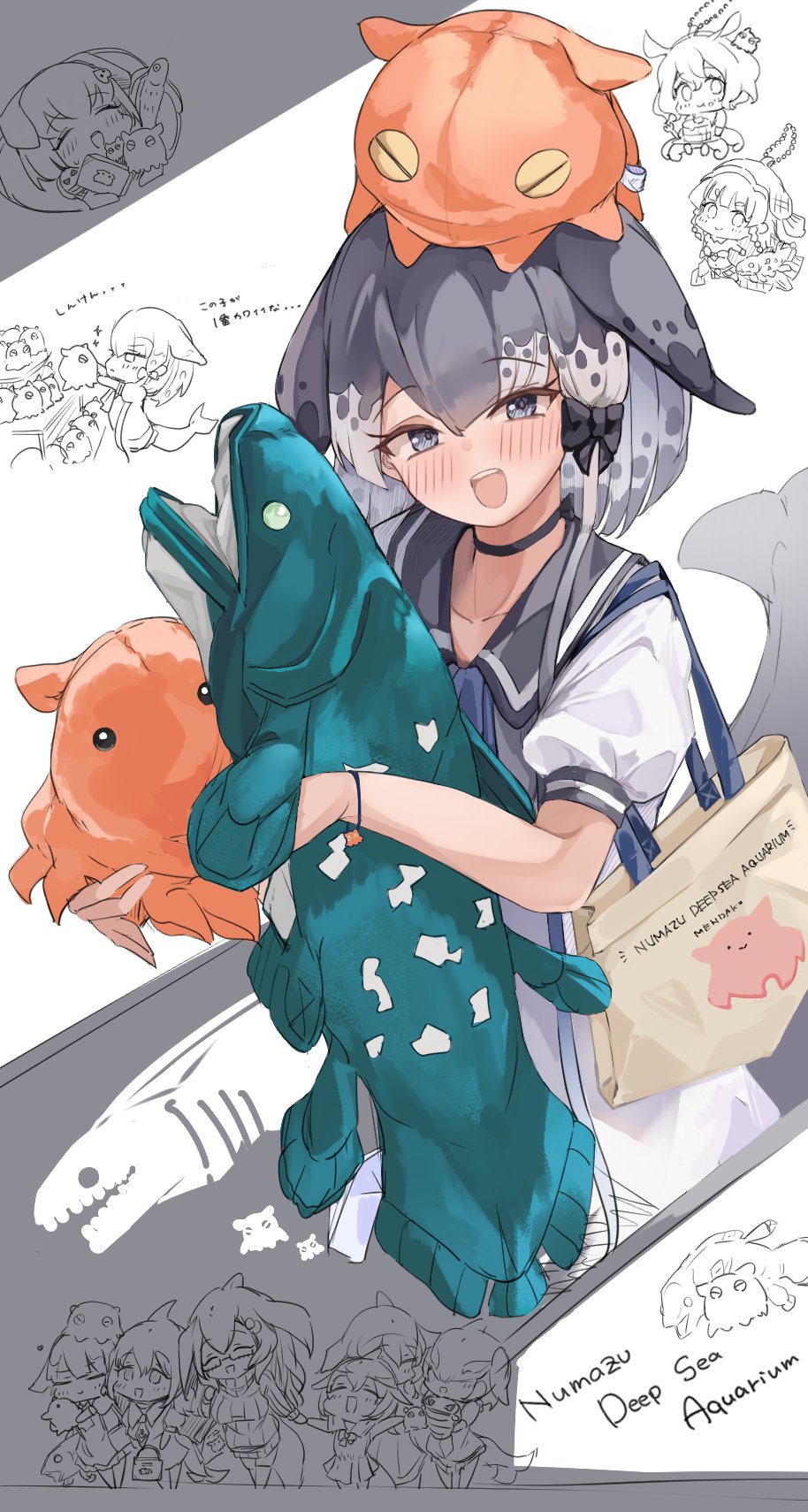 6+girls bag blue_eyes blue_whale_(kemono_friends) blush bow buchibussei carrying cetacean_tail charm_(object) chibi chinese_white_dolphin_(kemono_friends) closed_eyes coelacanth_(kemono_friends) common_bottlenose_dolphin_(kemono_friends) common_dolphin_(kemono_friends) dress eyelashes fins fish_tail glasses grey_hair hair_bow hair_over_eyes happy head_fins highres japanese_pancake_devilfish_(kemono_friends) kemono_friends long_hair looking_at_viewer multicolored_hair multiple_girls narwhal_(kemono_friends) object_on_head open_mouth orca_(kemono_friends) parted_bangs pig_(kemono_friends) sailor_collar shopping_bag short_sleeves side_ponytail smile solo_focus stuffed_animal stuffed_toy sweater sweater_dress tail very_long_hair walking