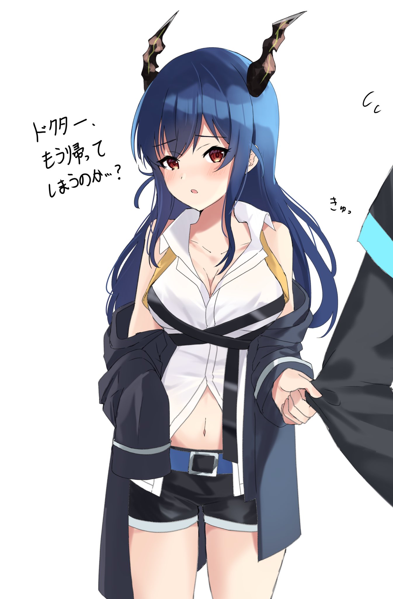 1girl 1other age_regression aged_down arknights bare_shoulders belt belt_buckle black_jacket black_shorts blue_belt blue_hair blush breasts buckle ch'en_(arknights) cleavage collarbone collared_shirt commentary_request doctor_(arknights) dress_shirt flying_sweatdrops highres horns jacket lily0428 long_hair long_sleeves looking_at_viewer medium_breasts navel parted_lips red_eyes shirt short_shorts shorts simple_background sleeveless sleeveless_shirt sleeves_past_fingers sleeves_past_wrists translation_request very_long_hair white_background white_shirt