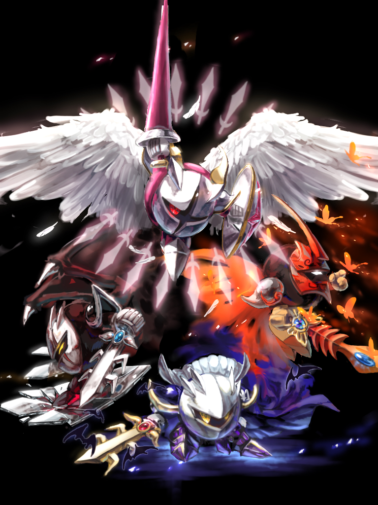 4boys black_background cape commentary_request dark_meta_knight flying galacta_knight holding holding_polearm holding_sword holding_weapon kirby_(series) looking_at_viewer male_focus mask meta_knight morpho_knight multiple_boys polearm shield simple_background sword user_ahkv8283 weapon wings yellow_eyes