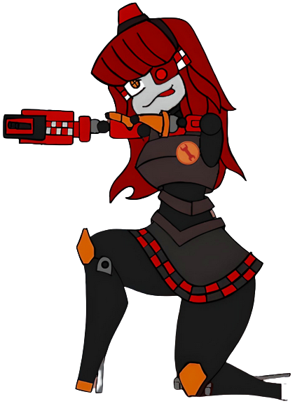 bleezzeeart bottomwear breasts clothing female gesture hair humanoid leggings legwear long_hair machine mimi_sentry mini_sentry pointing red_eyes red_team robot sentry_gun_(team_fortress_2) skirt solo team_fortress_2 thick_thighs turret valve weapon