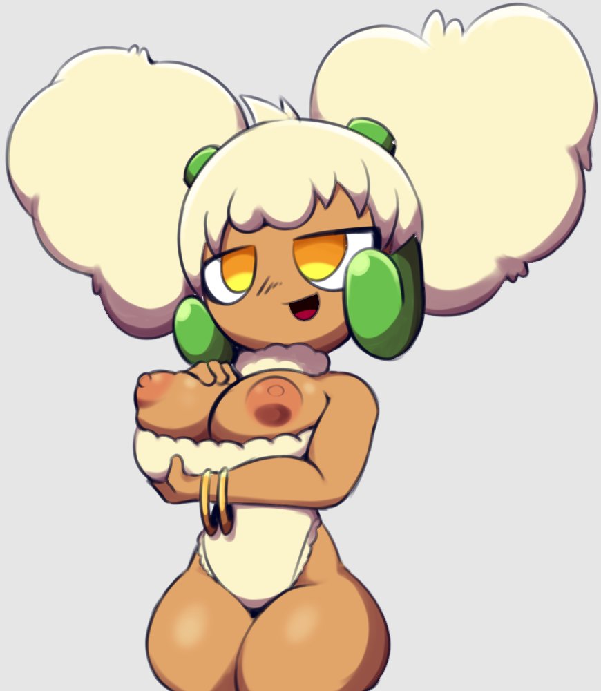 anthro big_breasts bracelet breast_grab breasts brown_body celes_(celes_the_whim) clothing female generation_5_pokemon greepurl grey_background hair hand_on_breast jewelry nintendo pokemon pokemon_(species) simple_background smile solo thick_thighs whimsicott white_hair yellow_eyes