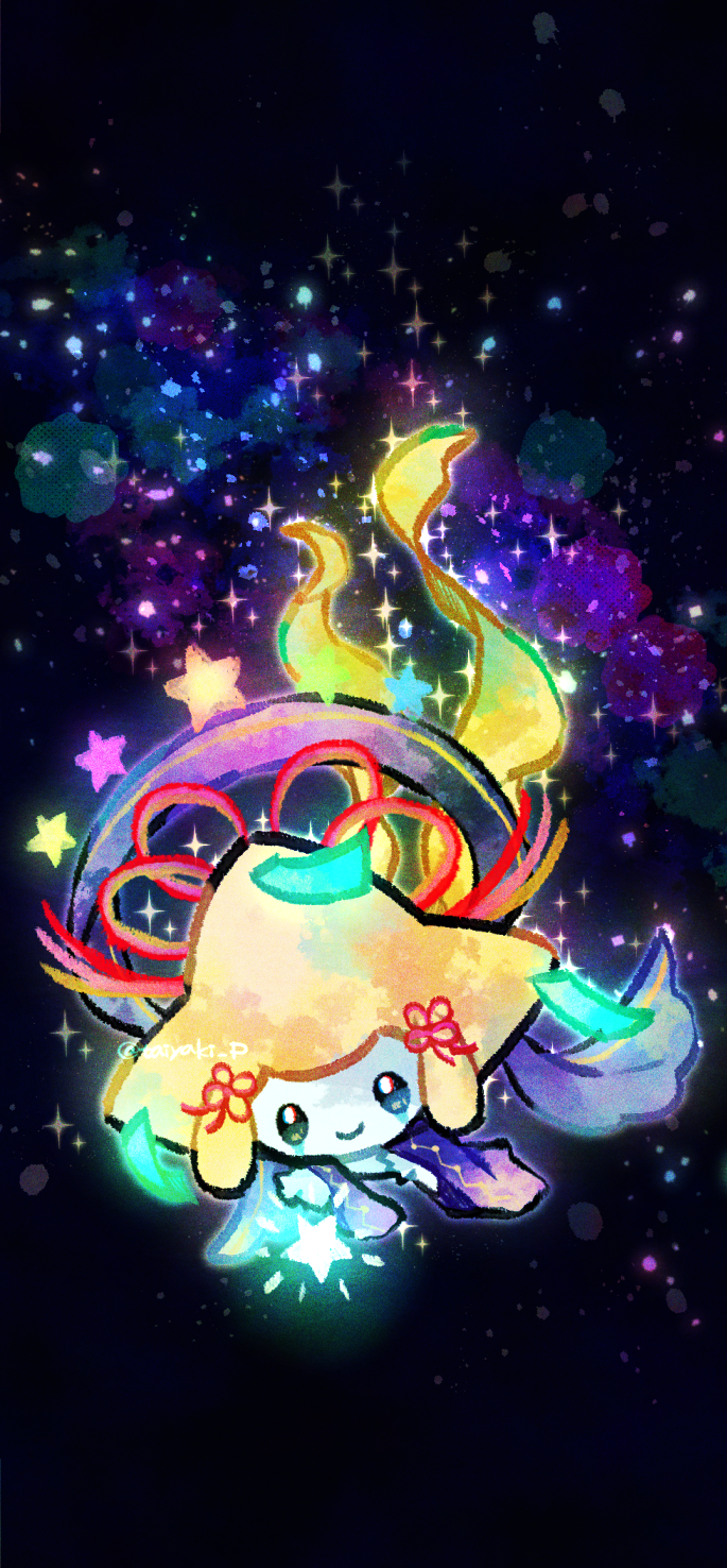 bright_pupils closed_mouth constellation_print doradorakingyo floating glowing highres jirachi looking_at_object no_humans pokemon pokemon_(creature) reaching red_ribbon ribbon smile solo sparkle star_(sky) tanabata twitter_username white_pupils