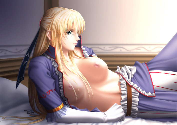 1girl archived_source arm_support bad_link bed bed_sheet belt blonde_hair blue_eyes breasts cleavage collarbone dress elbow_gloves gloves hair_over_breasts hair_ribbon indoors large_breasts long_hair lying nipples no_bra on_bed on_side open_clothes pillow ribbon sharon_(words_worth) solo takatan very_long_hair white_gloves words_worth