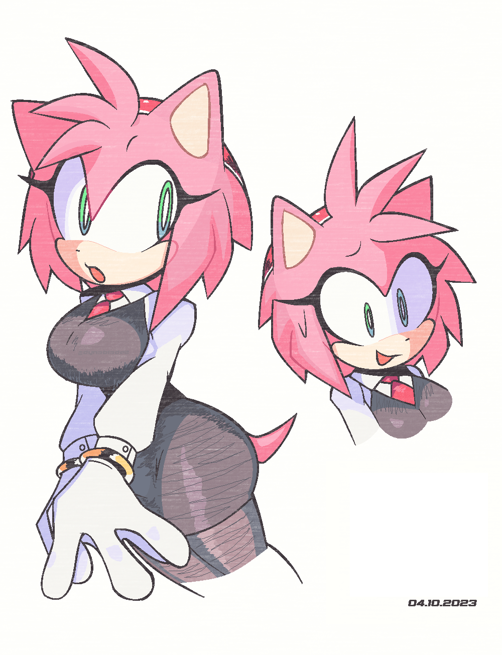 amy_rose big_breasts bottomwear breasts business_suit businesswear clothing dynablade2 eulipotyphlan eyelashes female hedgehog hi_res legwear mammal miniskirt pink_body sega skirt sleeves smile solo sonic_the_hedgehog_(series) stockings suit