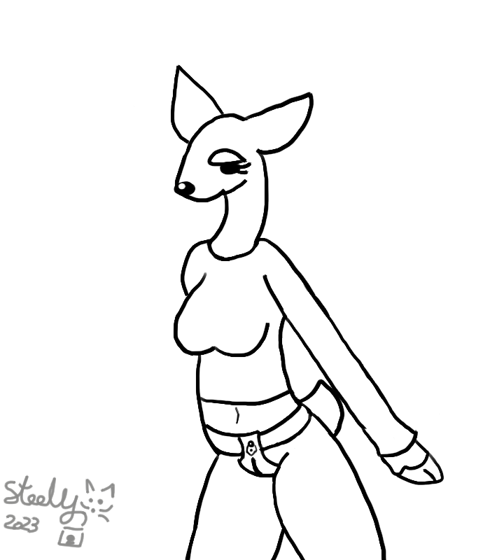 2023 anthro bottomless bottomless_anthro bottomless_female chastity_belt chastity_device clothed clothing deer digital_media_(artwork) female hoof_hands hooves lock mammal navel padlock partially_clothed shirt signed simple_background solo steelgatomon submissive submissive_anthro submissive_female topwear white_background